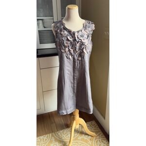 Bizz Women 100% Silk Romantic‎ 3D Floral Applique Dress Grey Large BD-7616-T